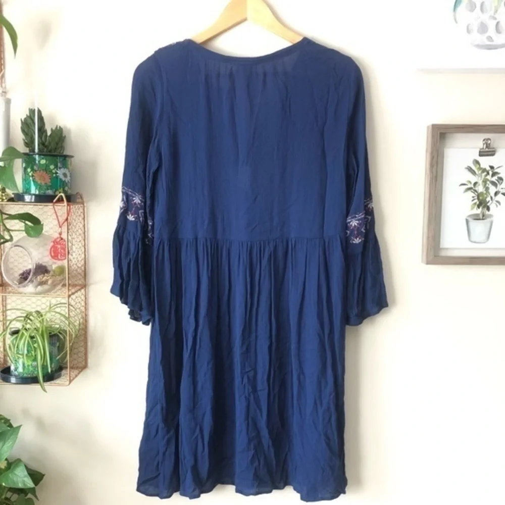 Knox Rose Starry Night Navy Blue Embroidered Boho Bell Sleeve Rayon Dress Sz S